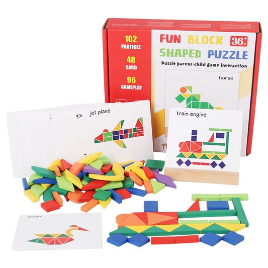 Wooden Pattern Block Puzzle Set for Kids 3+ Years – 102 Piece Colorful Shape Blocks with 48 Challenge Cards Educational Brain Teaser Toy for Learning Shapes Creativity and Parent-Child