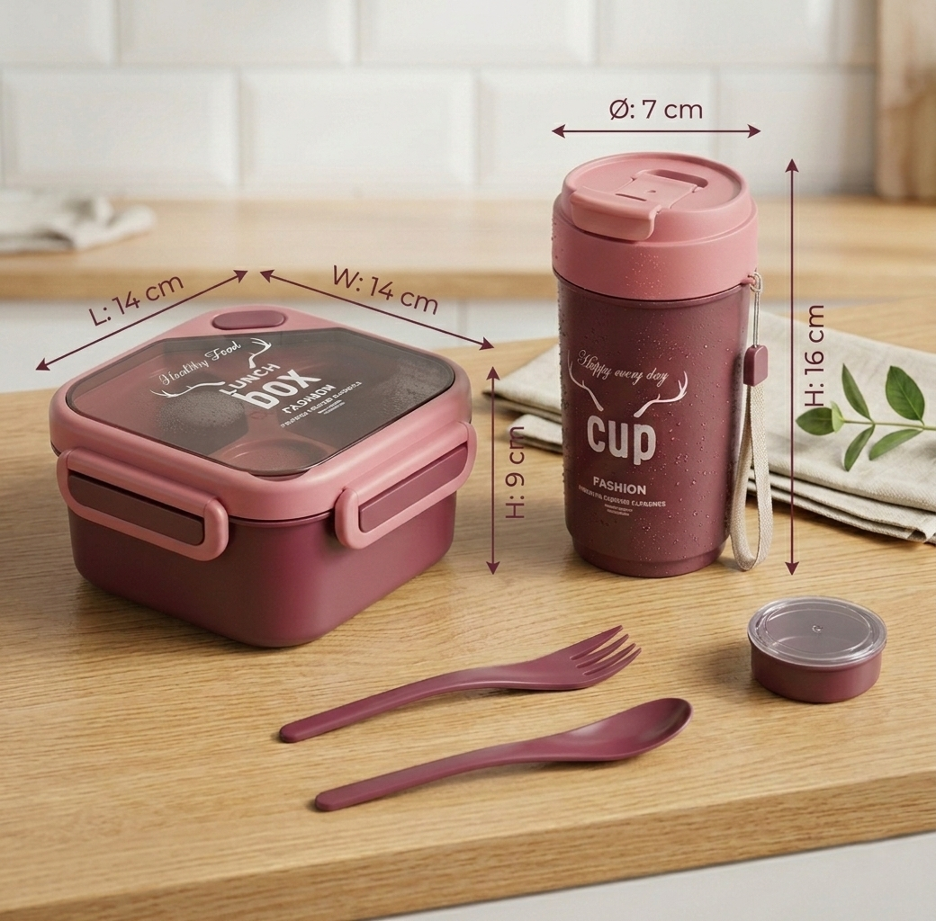 Lacoz Lunch Box Set with 500ML Cup BPA Free Food Container, Leakproof Bento with Spoon & Fork, Portable Snack Box for School, Travel & Picnic