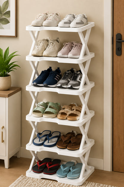 6-Tier Shoe Rack Storage Organizer with Sturdy X-Frame Support Premium PP Shelves, Space-Saving Multi-Layer Shoe Stand for Entryway, Bedroom, Closet & Living Room