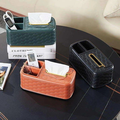 Lacoz Luxury Leather Texture Tissue Box and Desk Organiser, Quilted Office Caddy, Remote Control Holder, Pen Stand, Stationery Storage for Home, Office, Nightstand