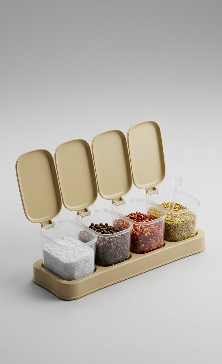 4 Piece Seasoning Box Set with Serving Spoons, Clear, Flip Lids, Non-Slip Tray, Dust-Proof Storage Containers for Salt, Sugar, Pepper, Spices and Try Fruit