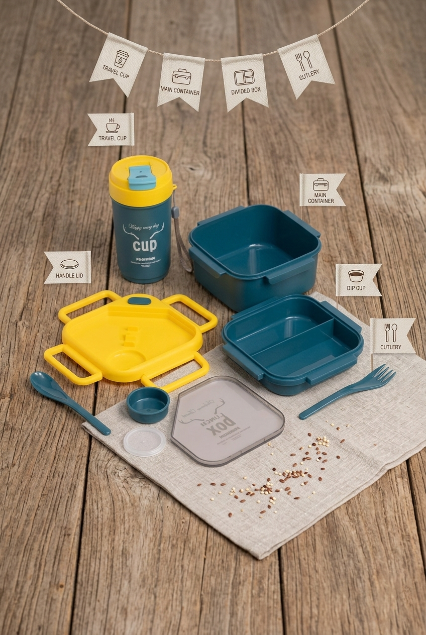 Lacoz Lunch Box Set with 500ML Cup BPA Free Food Container, Leakproof Bento with Spoon & Fork, Portable Snack Box for School, Travel & Picnic
