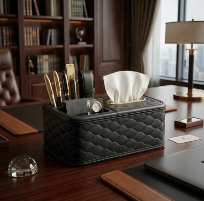Lacoz Luxury Leather Texture Tissue Box and Desk Organiser, Quilted Office Caddy, Remote Control Holder, Pen Stand, Stationery Storage for Home, Office, Nightstand