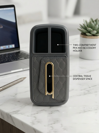 Lacoz Luxury Leather Texture Tissue Box and Desk Organiser, Quilted Office Caddy, Remote Control Holder, Pen Stand, Stationery Storage for Home, Office, Nightstand