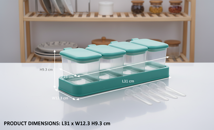 4 Piece Seasoning Box Set with Serving Spoons, Clear, Flip Lids, Non-Slip Tray, Dust-Proof Storage Containers for Salt, Sugar, Pepper, Spices and Try Fruit