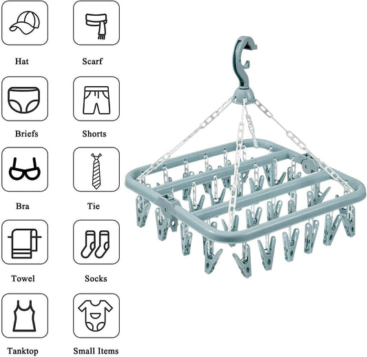 Lacoz Foldable Laundry Hanger Drying Racks with 32 Clips,Baby Clothes Drying Rack, Laundry Clothes Hangers for Drying Socks, Towels, Bras, Diapers, Baby Clothes