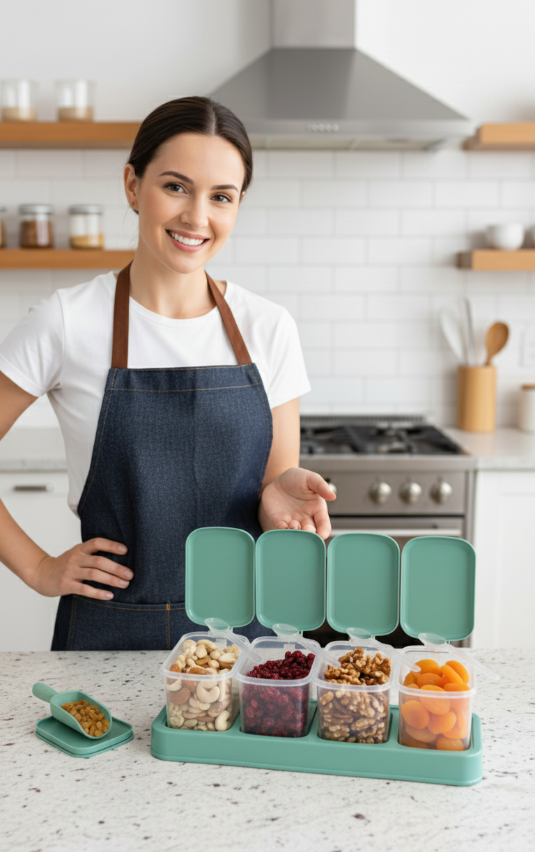 4 Piece Seasoning Box Set with Serving Spoons, Clear, Flip Lids, Non-Slip Tray, Dust-Proof Storage Containers for Salt, Sugar, Pepper, Spices and Try Fruit