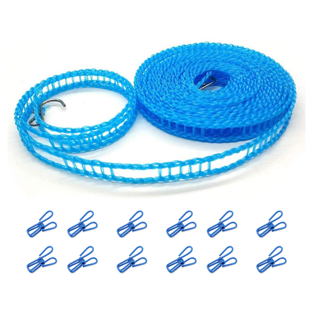 Lacoz Portable Windproof Clothesline with 12 Clips, 5m Non-Slip Travel Laundry Drying Line, Adjustable Nylon Rope for Outdoor Camping, Cruise, Indoor Hotel, Backyard