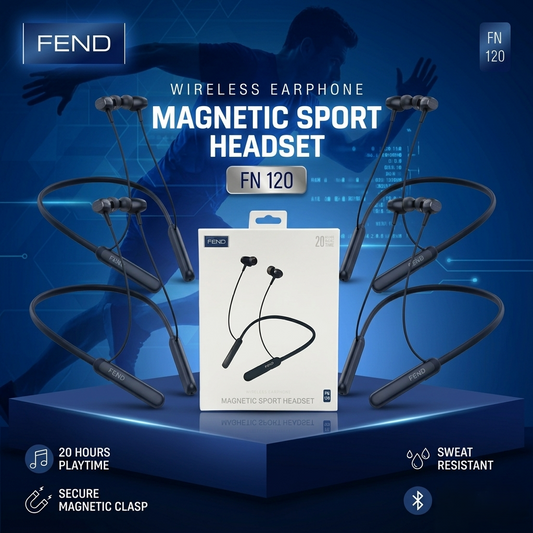 FEND FN120 Wireless Bluetooth Neckband Earphones with Mic, Magnetic Sports Headset, Sweat Resistant, 20H Playtime, Deep Bass Stereo Sound, Secure Fit Earbuds for Running Gym Workout, Compatible with Android & iOS