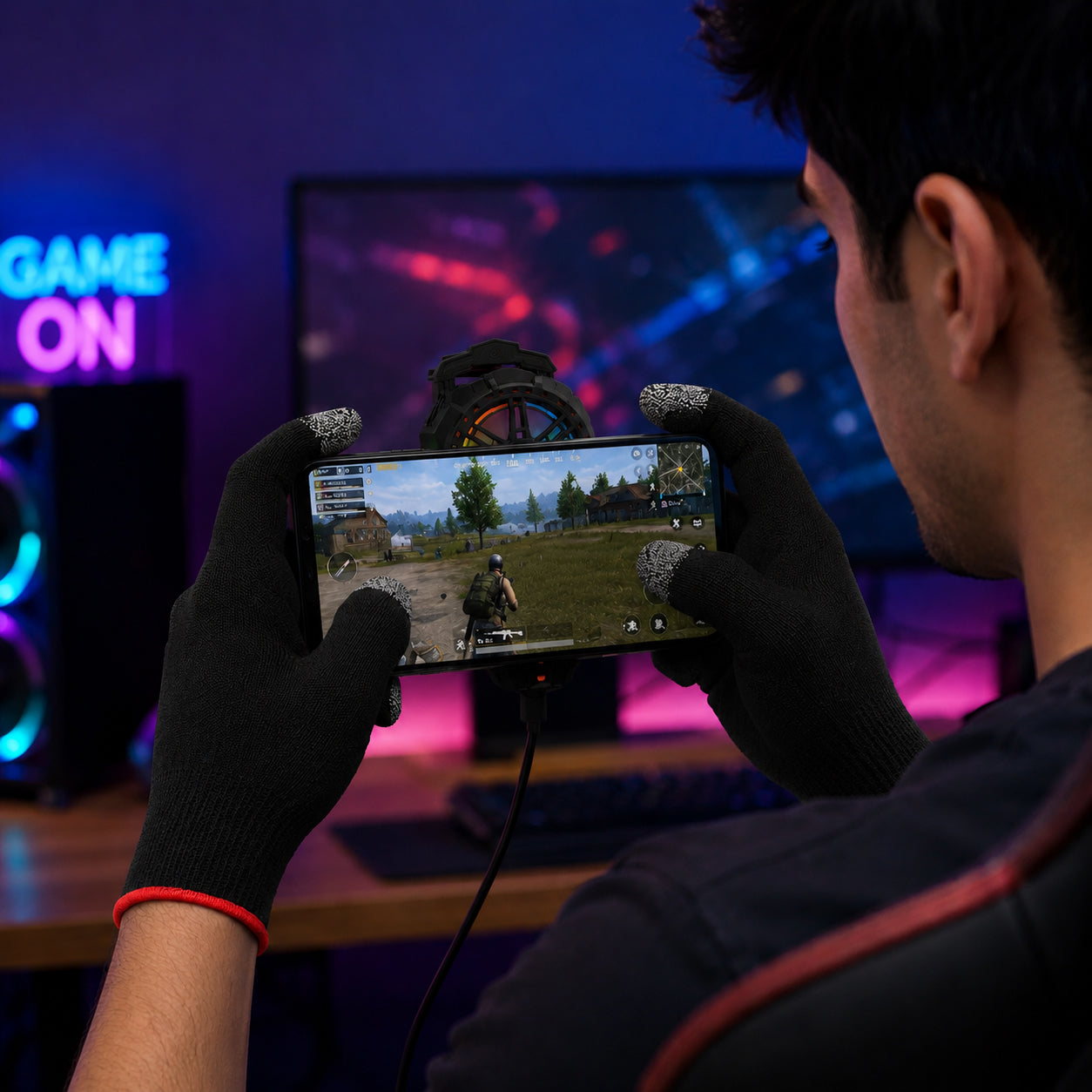 Gaming Cooler Fan & Finger Sleeve Combo Set – Wired Mobile Phone Cooling Fan with 3-Level Speed Adjustment, RGB LED Lights, USB Powered Smartphone Cooler with Anti-Sweat Gaming Gloves