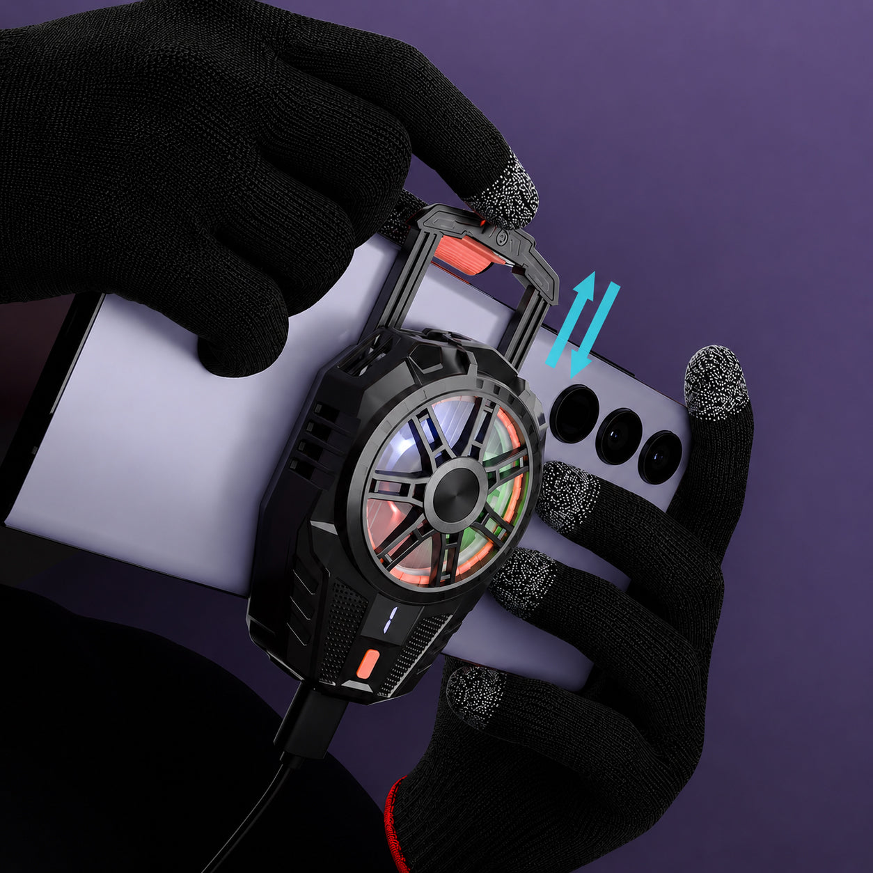 Gaming Cooler Fan & Finger Sleeve Combo Set – Wired Mobile Phone Cooling Fan with 3-Level Speed Adjustment, RGB LED Lights, USB Powered Smartphone Cooler with Anti-Sweat Gaming Gloves