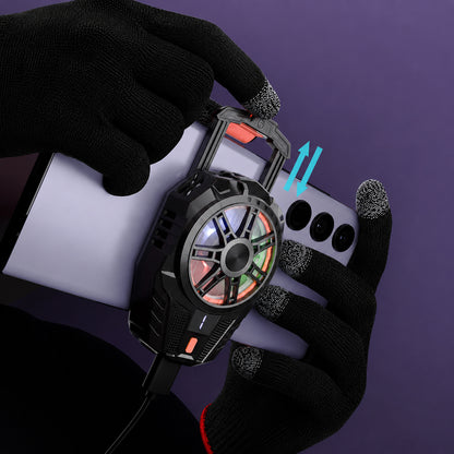 Gaming Cooler Fan & Finger Sleeve Combo Set – Wired Mobile Phone Cooling Fan with 3-Level Speed Adjustment, RGB LED Lights, USB Powered Smartphone Cooler with Anti-Sweat Gaming Gloves