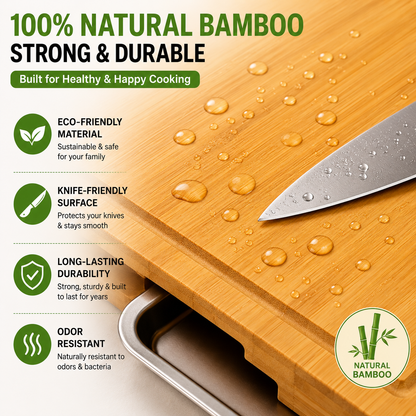 Premium Bamboo Cutting Board with Built-In Sliding Drawer | 100% Natural Bamboo Chopping Board | Easy Food Prep & Collection | Knife-Friendly, Durable & Eco-Friendly Kitchen Board