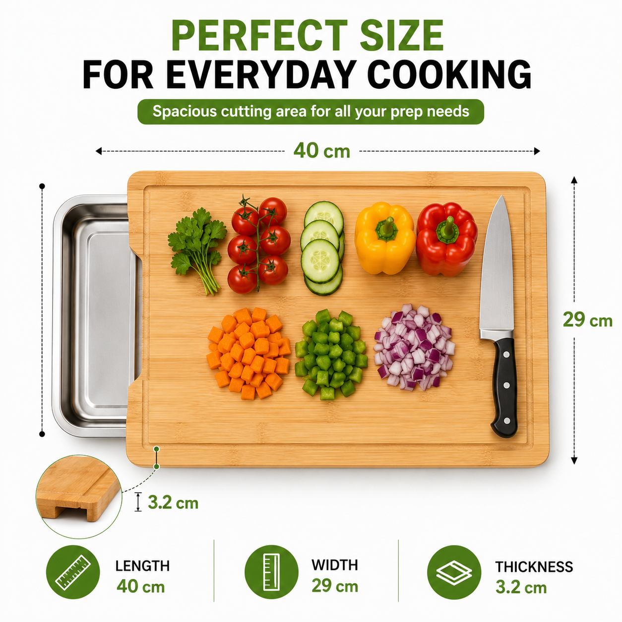 Premium Bamboo Cutting Board with Built-In Sliding Drawer | 100% Natural Bamboo Chopping Board | Easy Food Prep & Collection | Knife-Friendly, Durable & Eco-Friendly Kitchen Board