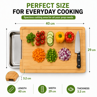 Premium Bamboo Cutting Board with Built-In Sliding Drawer | 100% Natural Bamboo Chopping Board | Easy Food Prep & Collection | Knife-Friendly, Durable & Eco-Friendly Kitchen Board