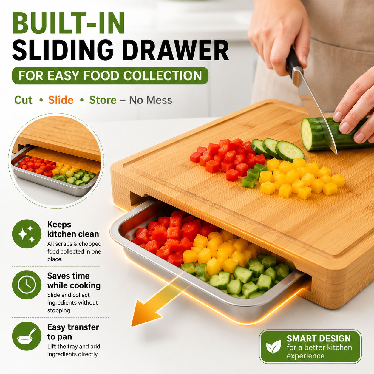 Premium Bamboo Cutting Board with Built-In Sliding Drawer | 100% Natural Bamboo Chopping Board | Easy Food Prep & Collection | Knife-Friendly, Durable & Eco-Friendly Kitchen Board