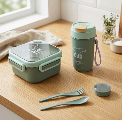 Lacoz Lunch Box Set with 500ML Cup BPA Free Food Container, Leakproof Bento with Spoon & Fork, Portable Snack Box for School, Travel & Picnic