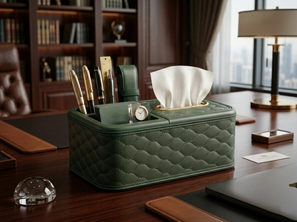 Lacoz Luxury Leather Texture Tissue Box and Desk Organiser, Quilted Office Caddy, Remote Control Holder, Pen Stand, Stationery Storage for Home, Office, Nightstand