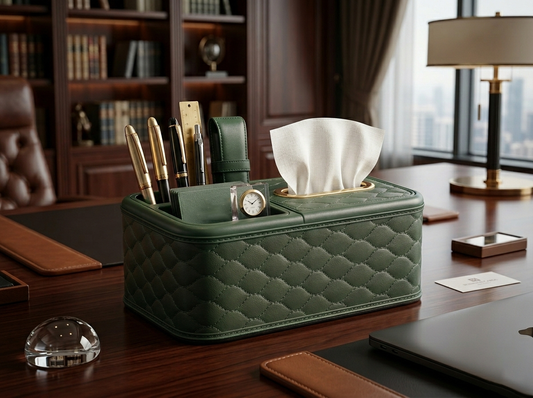 Lacoz Luxury Leather Texture Tissue Box and Desk Organiser, Quilted Office Caddy, Remote Control Holder, Pen Stand, Stationery Storage for Home, Office, Nightstand