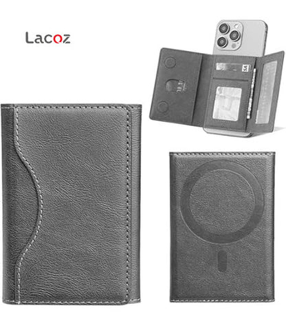 Lacoz Leather Trifold Card Holder with Magnetic Closure, 6 Slots, ID Window, Photo Window, Unisex