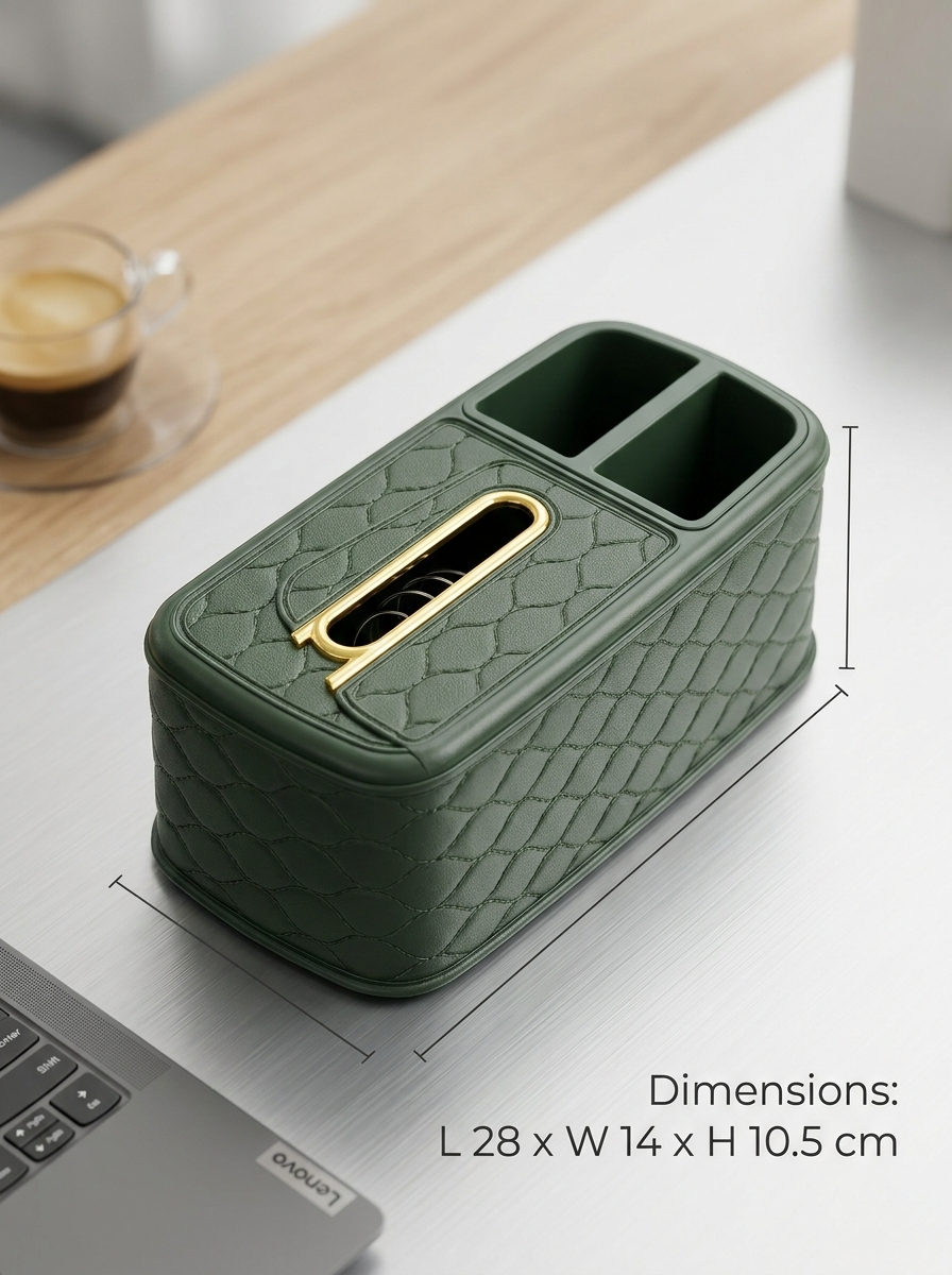 Lacoz Luxury Leather Texture Tissue Box and Desk Organiser, Quilted Office Caddy, Remote Control Holder, Pen Stand, Stationery Storage for Home, Office, Nightstand