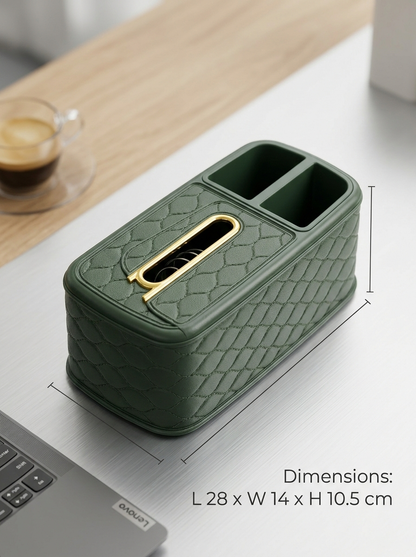 Lacoz Luxury Leather Texture Tissue Box and Desk Organiser, Quilted Office Caddy, Remote Control Holder, Pen Stand, Stationery Storage for Home, Office, Nightstand