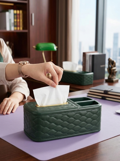 Lacoz Luxury Leather Texture Tissue Box and Desk Organiser, Quilted Office Caddy, Remote Control Holder, Pen Stand, Stationery Storage for Home, Office, Nightstand