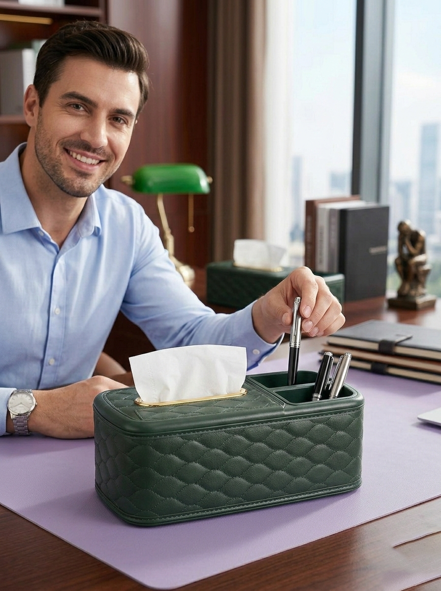 Lacoz Luxury Leather Texture Tissue Box and Desk Organiser, Quilted Office Caddy, Remote Control Holder, Pen Stand, Stationery Storage for Home, Office, Nightstand