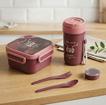 Lacoz Lunch Box Set with 500ML Cup BPA Free Food Container, Leakproof Bento with Spoon & Fork, Portable Snack Box for School, Travel & Picnic