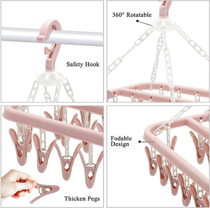 Lacoz Foldable Laundry Hanger Drying Racks with 32 Clips,Baby Clothes Drying Rack, Laundry Clothes Hangers for Drying Socks, Towels, Bras, Diapers, Baby Clothes