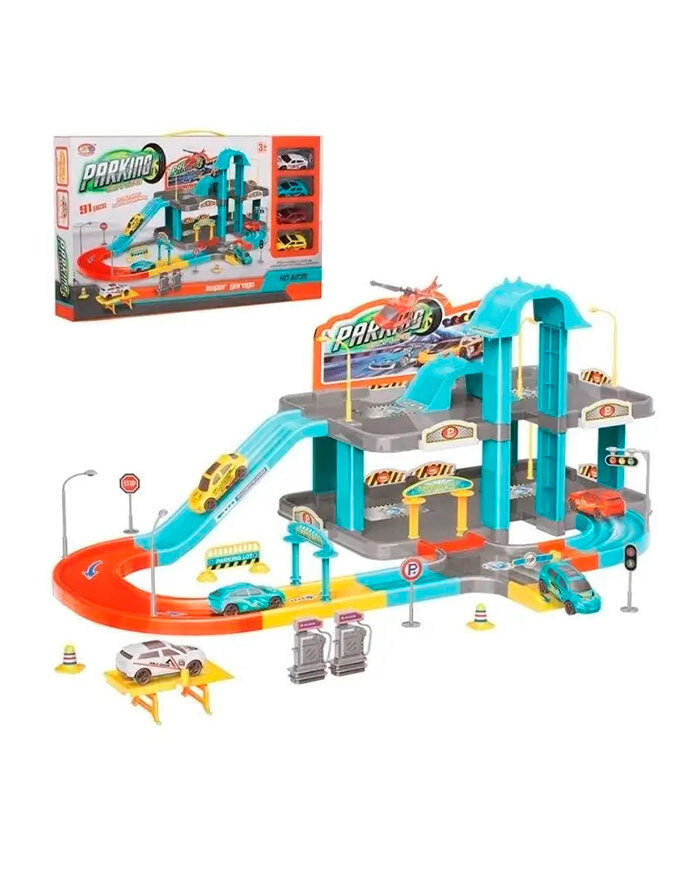 City Life Parking Garage Playset 2-Level Toy Car Garage with 4 Cars Ramps Signs and Accessories Multi-Storey Parking Toy for Boys Girls Safe and Durable Learning Gift