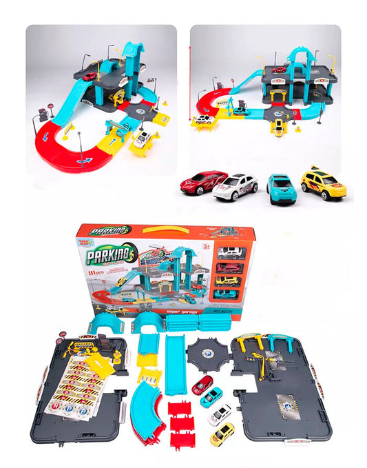 City Life Parking Garage Playset 2-Level Toy Car Garage with 4 Cars Ramps Signs and Accessories Multi-Storey Parking Toy for Boys Girls Safe and Durable Learning Gift
