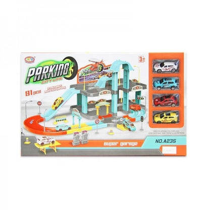 City Life Parking Garage Playset 2-Level Toy Car Garage with 4 Cars Ramps Signs and Accessories Multi-Storey Parking Toy for Boys Girls Safe and Durable Learning Gift