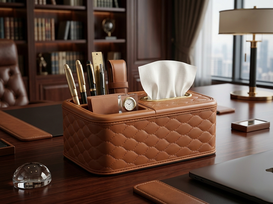 Lacoz Luxury Leather Texture Tissue Box and Desk Organiser, Quilted Office Caddy, Remote Control Holder, Pen Stand, Stationery Storage for Home, Office, Nightstand