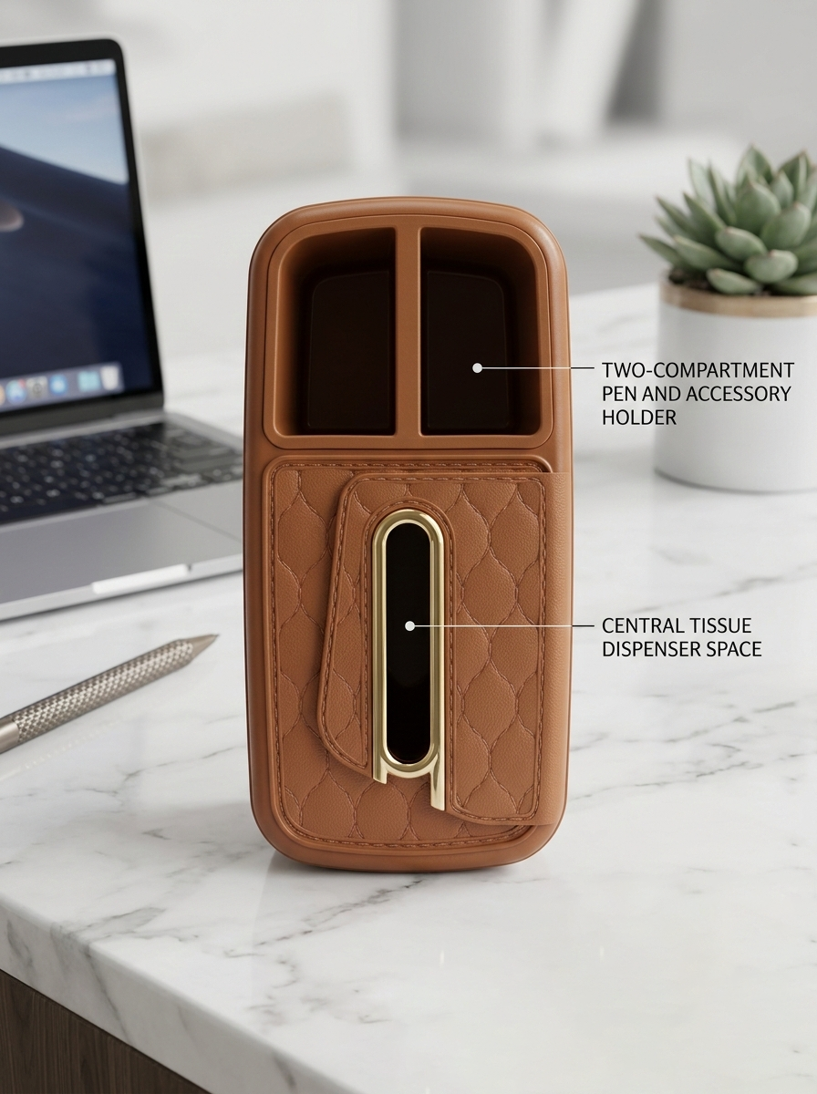 Lacoz Luxury Leather Texture Tissue Box and Desk Organiser, Quilted Office Caddy, Remote Control Holder, Pen Stand, Stationery Storage for Home, Office, Nightstand