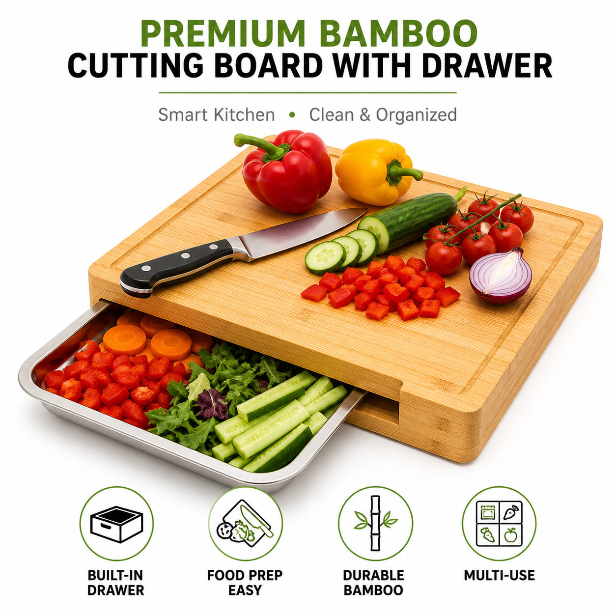 Premium Bamboo Cutting Board with Built-In Sliding Drawer | 100% Natural Bamboo Chopping Board | Easy Food Prep & Collection | Knife-Friendly, Durable & Eco-Friendly Kitchen Board
