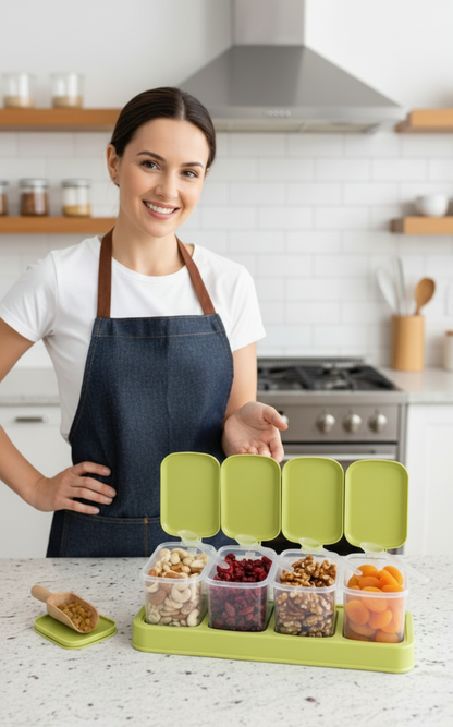 4 Piece Seasoning Box Set with Serving Spoons, Clear, Flip Lids, Non-Slip Tray, Dust-Proof Storage Containers for Salt, Sugar, Pepper, Spices and Try Fruit